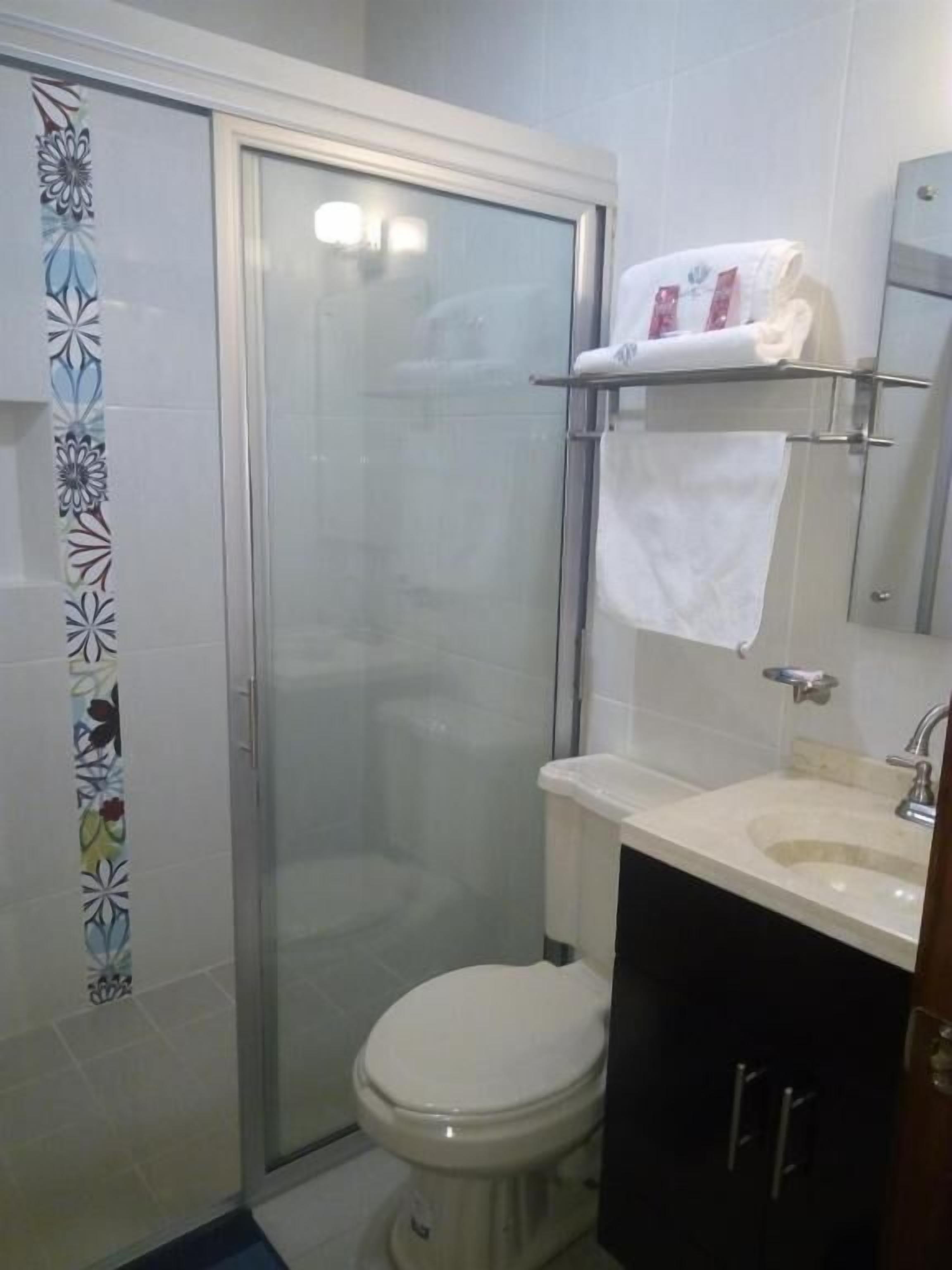 Un bagno con doccia, WC, lavandino e porta asciugamani.