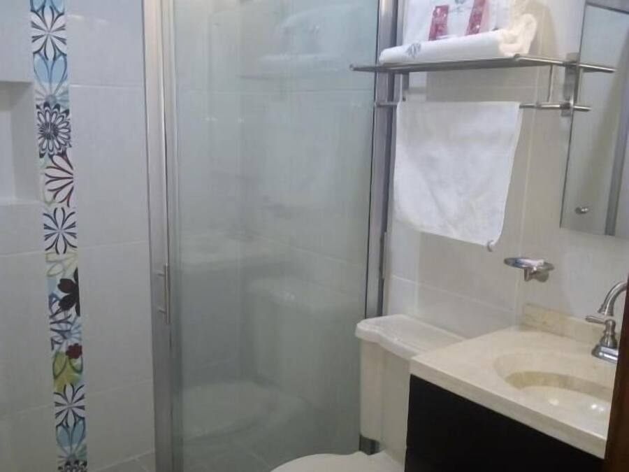 Un bagno con doccia, WC, lavandino e porta asciugamani.