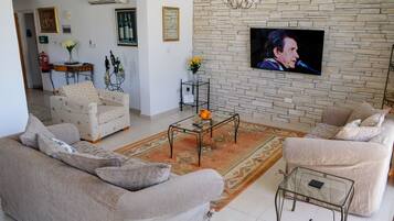 Smart-tv, bøger, stereoanlæg, computerskærme