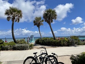 A beachside area with palm trees, a bicycle, and a chair.