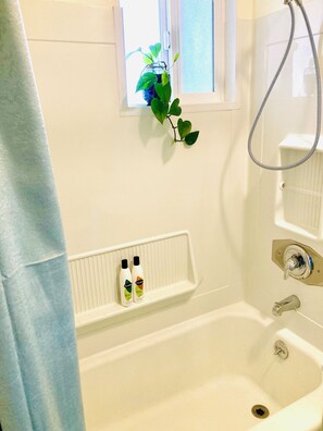 Eco-friendly toiletries, hair dryer, towels, soap
