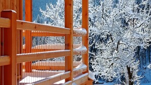 Een houten balkon met uitzicht op besneeuwde bomen en bergen.