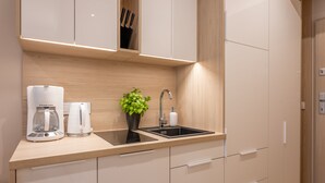 Een moderne keuken met een inbouwfornuis, een spoelbak en een potplant.