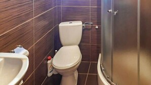 Une salle de bain comprenant des toilettes, un bidet et une cabine de douche.