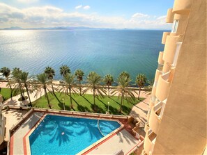 A pool with a view of the sea and palm trees.