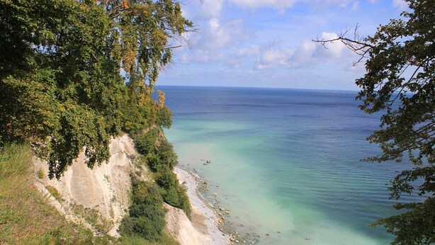 Paisagem costeira com vista clara para o mar, uma praia arenosa e um penhasco com vegetação.