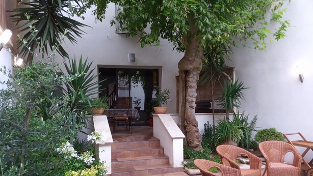 Ein Patio mit Korbmöbeln, Topfpflanzen und einer Treppe zu einem Innenbereich.