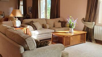 Een smart-tv, een open haard, boeken en een stereo