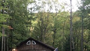 A rustic wooden cabin with a gravel driveway, surrounded by tall trees. - Beautiful Cabin in the woods  Allegany County NY (Belmont)