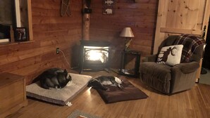 A cozy cabin interior with a wood-burning stove, a couch, and two pet beds. - Beautiful Cabin in the woods  Allegany County NY (Belmont)