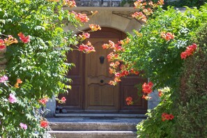 Una puerta de madera con arco de piedra, rodeada de exuberante follaje verde y coloridas flores rojas.