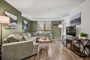 Smart TV, fireplace, books, stereo