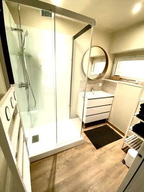Bathtub, hair dryer, towels, toilet paper