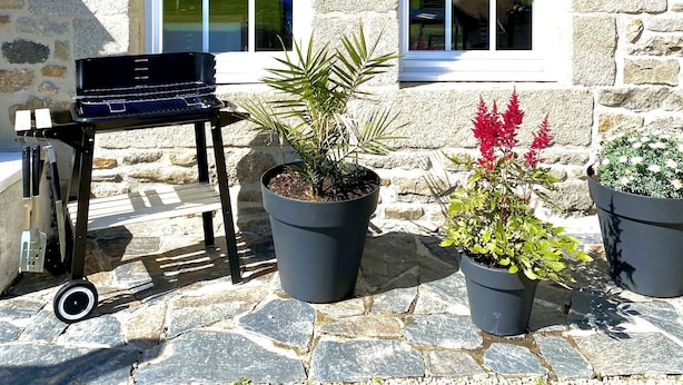 A stone building with two windows, a grill, and potted plants. - A traditional Breton vacation home near the sea (Roscoff)