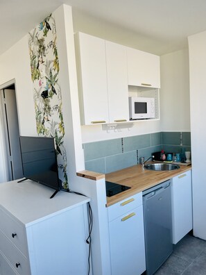 Kühlschrank, Mikrowelle, Herdplatte, Wasserkocher mit Kaffee-/Teezubehör