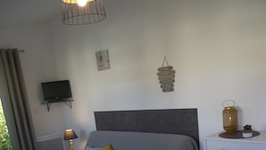 A bedroom with a grey sofa bed, a bedside table with a lamp, a TV mounted on the wall, and a decorative wall piece. - Studio on land "Countryside at the foot of MT ST MICHEL" (Roz-sur-Couesnon)