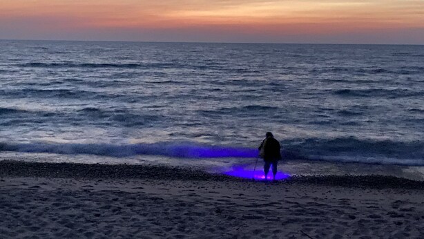 A beach scene with a person standing on the shore, facing the ocean.