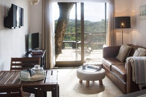 Smart TV, fireplace, books, music library