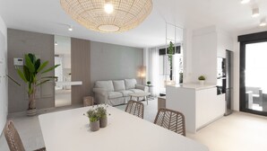 A modern living space with a dining area, a sofa, a kitchen, and a large window. - Amazing holidays in this  New condo mediterranean style. Wifi - only families (Playa de Gandía)