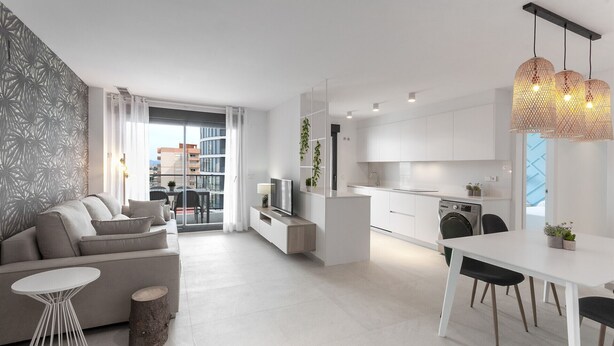 Un apartamento moderno con sala de estar, comedor y cocina.