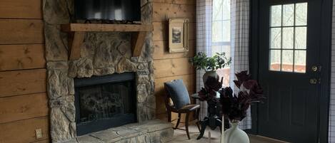 Smart TV, fireplace, books