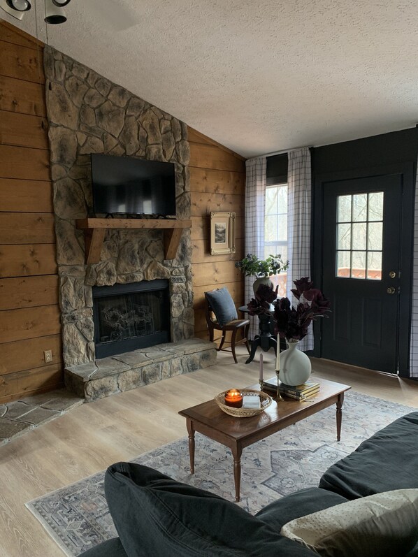 Smart TV, chimenea, libros