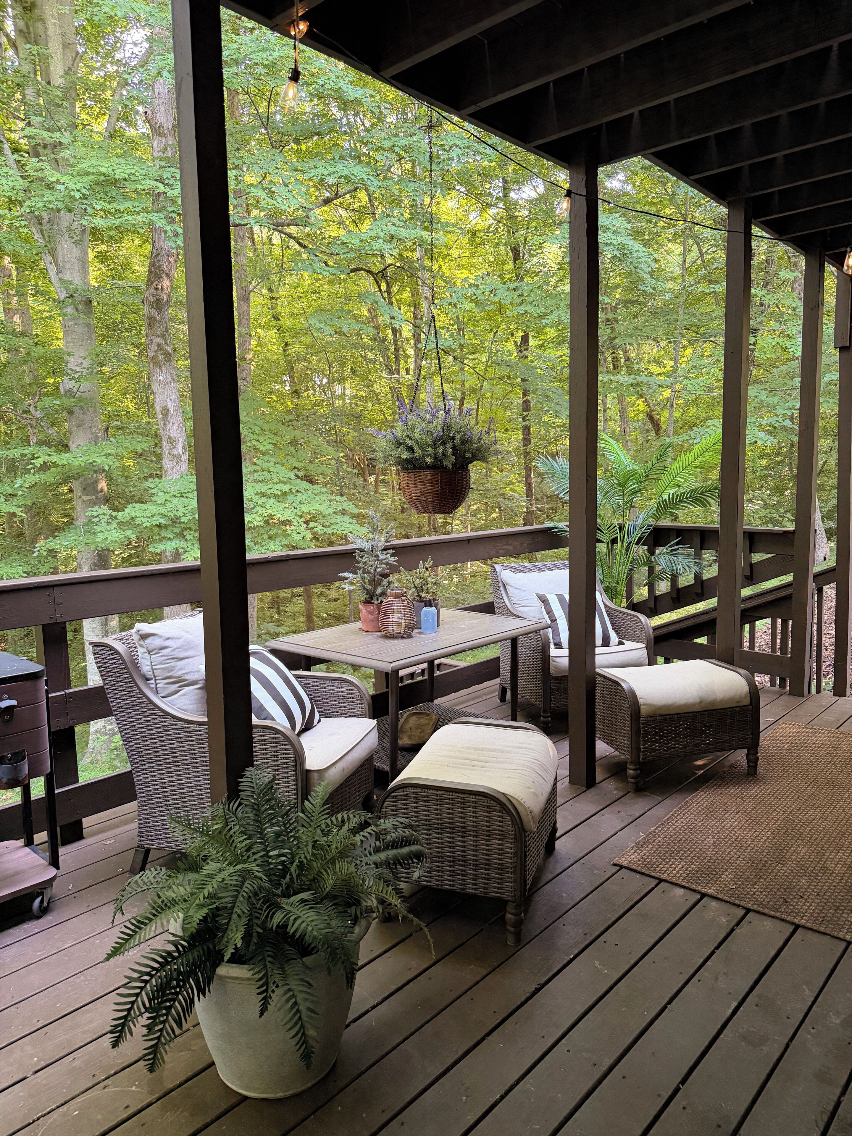 Una terraza techada con mobiliario de mimbre, una planta colgante y vistas a un bosque.