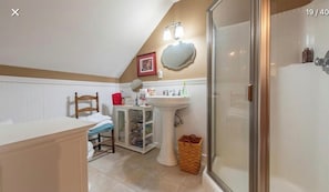 Douche, baignoire à remous, séchoir à cheveux, serviettes fournies