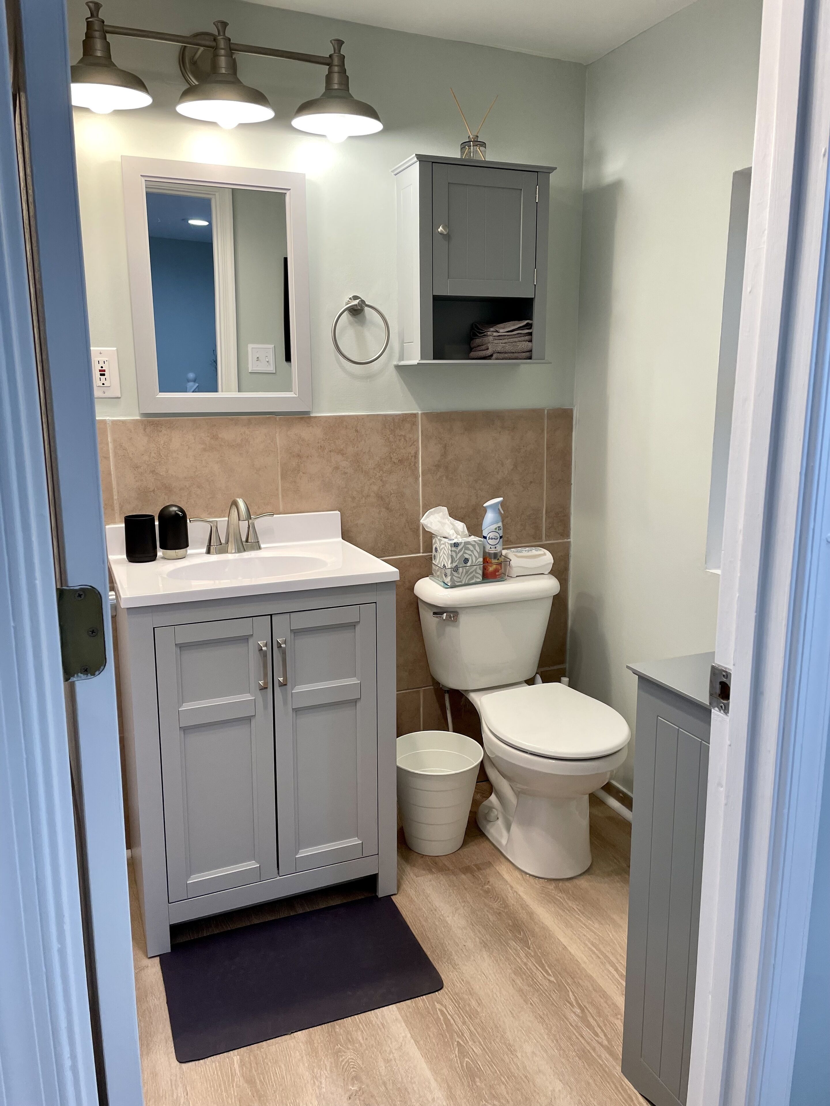 Une salle de bain équipée d’un lavabo, d’un miroir, d’un meuble de rangement, de toilettes et d’une petite poubelle.