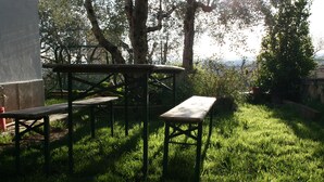 Une table de pique-nique installée dans un espace herbeux, avec des arbres en arrière-plan.