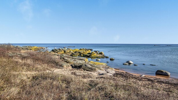 Eine Küstenlandschaft mit Felsformationen und einem Sandstrand.