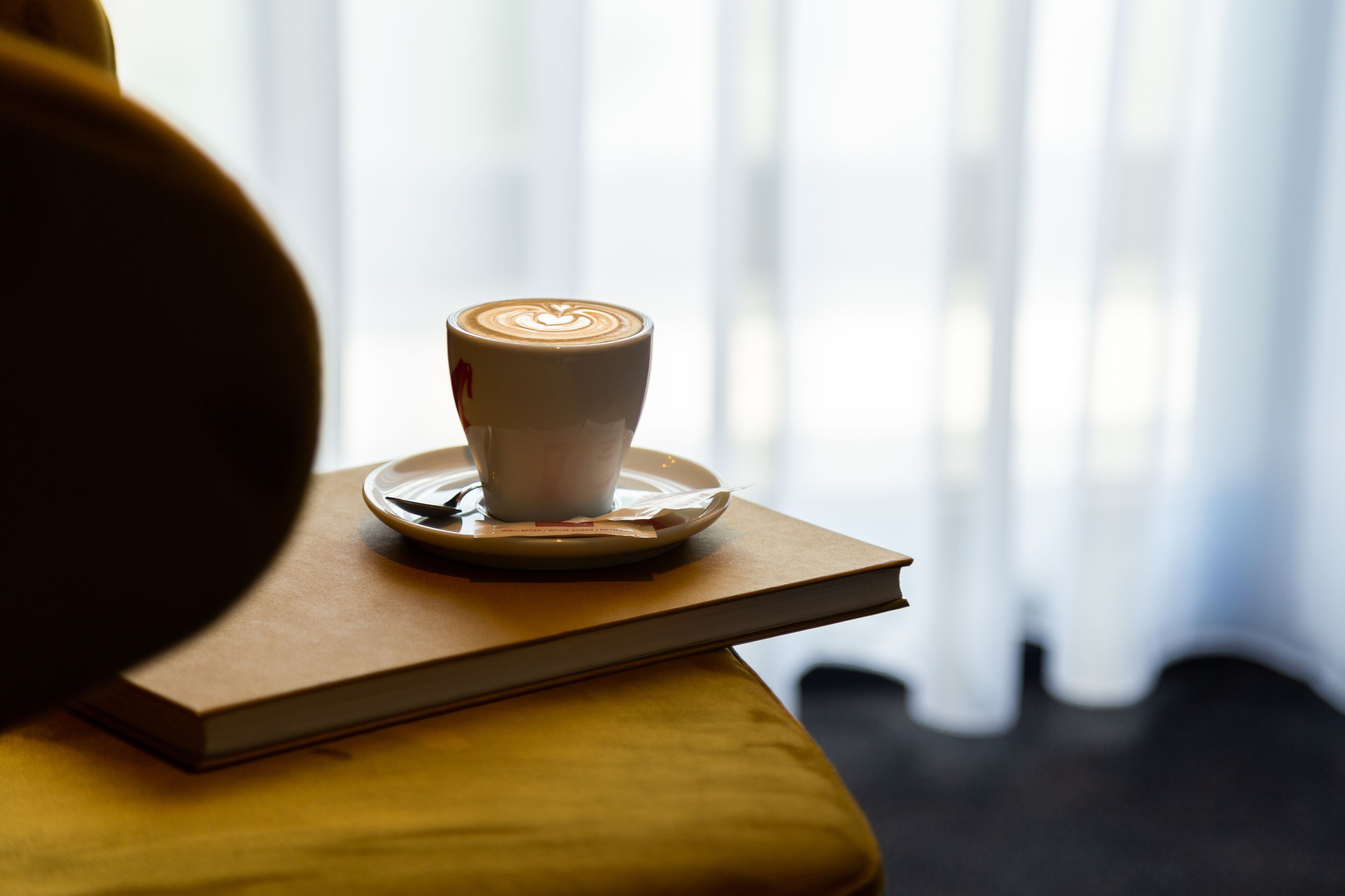 Una taza de café sobre un platito, apoyada en un libro, con una ventana al fondo.