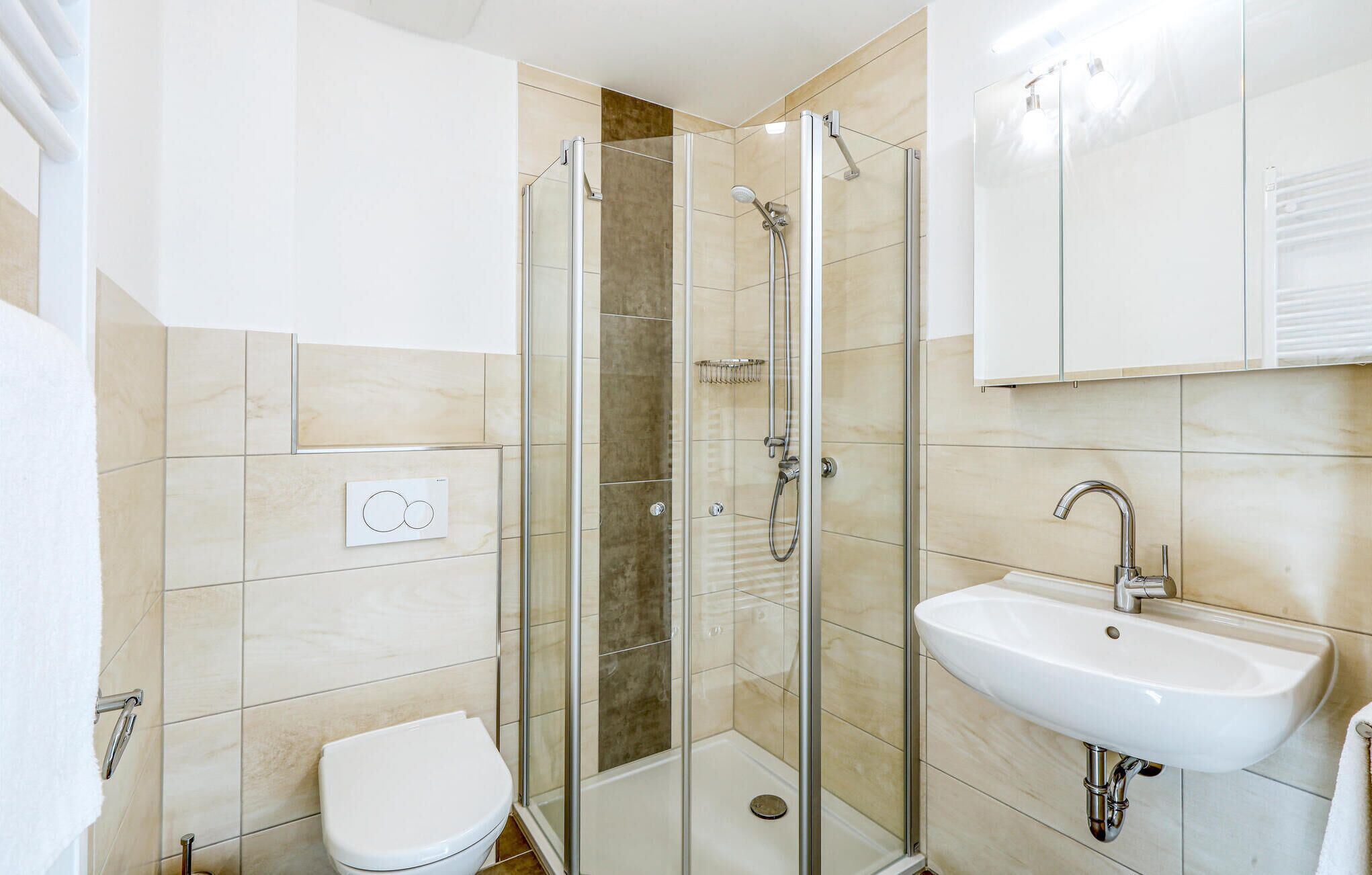 A modern bathroom with a glass-enclosed shower, a white sink, and a toilet.