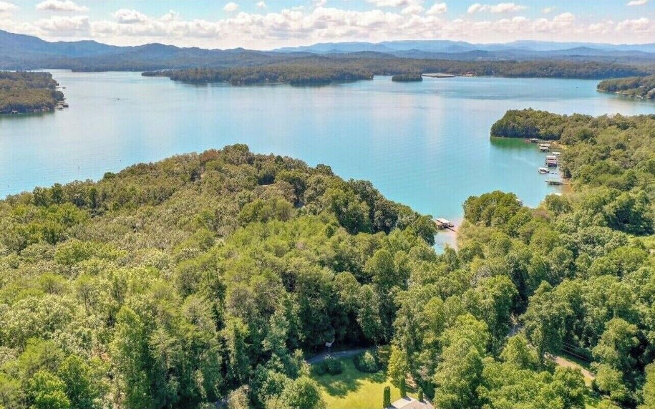 Vue aérienne d’un lac entouré d’une forêt dense.