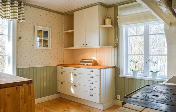 Fridge, stovetop, dishwasher, coffee/tea maker