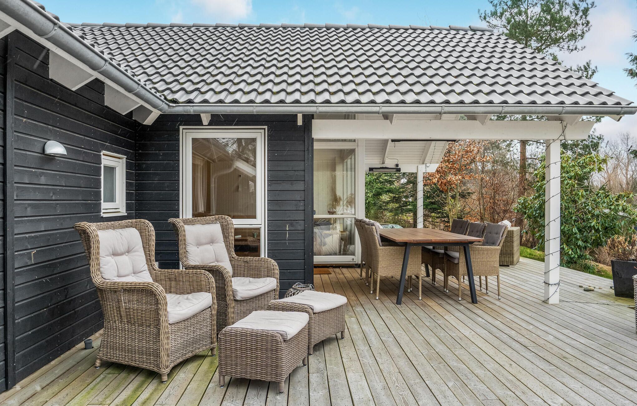 A covered outdoor seating area with wicker furniture and a wooden table.