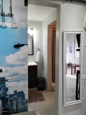 Shower, towels, soap, toilet paper