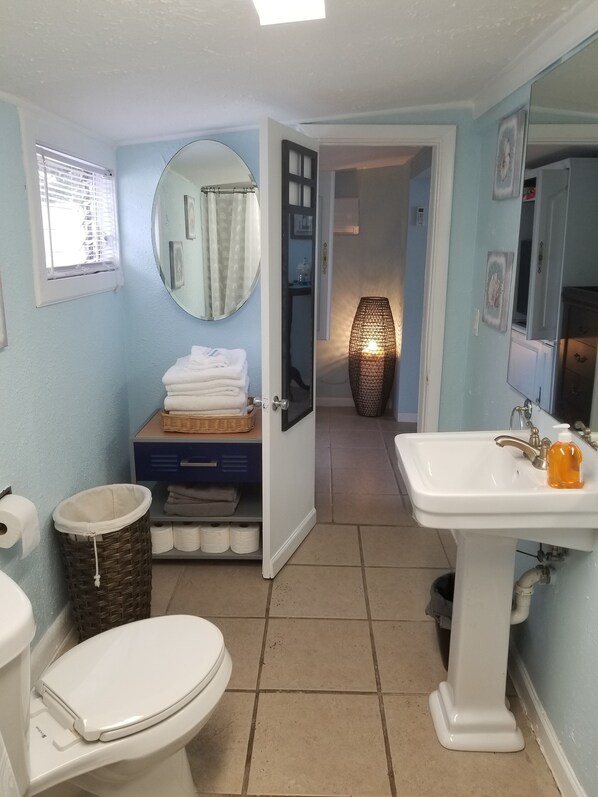 Shower, hair dryer, towels, soap