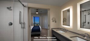 Combined shower/tub, hair dryer, towels, soap