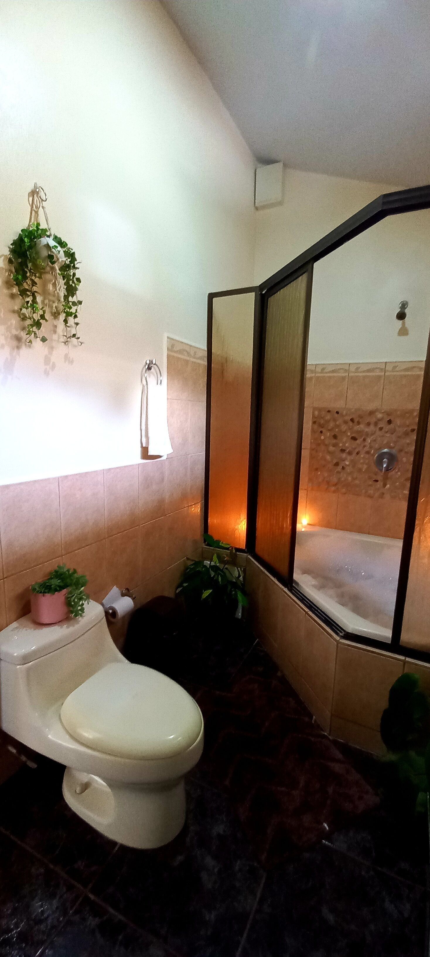Baignoire à jets, serviettes fournies, savon, papier toilette