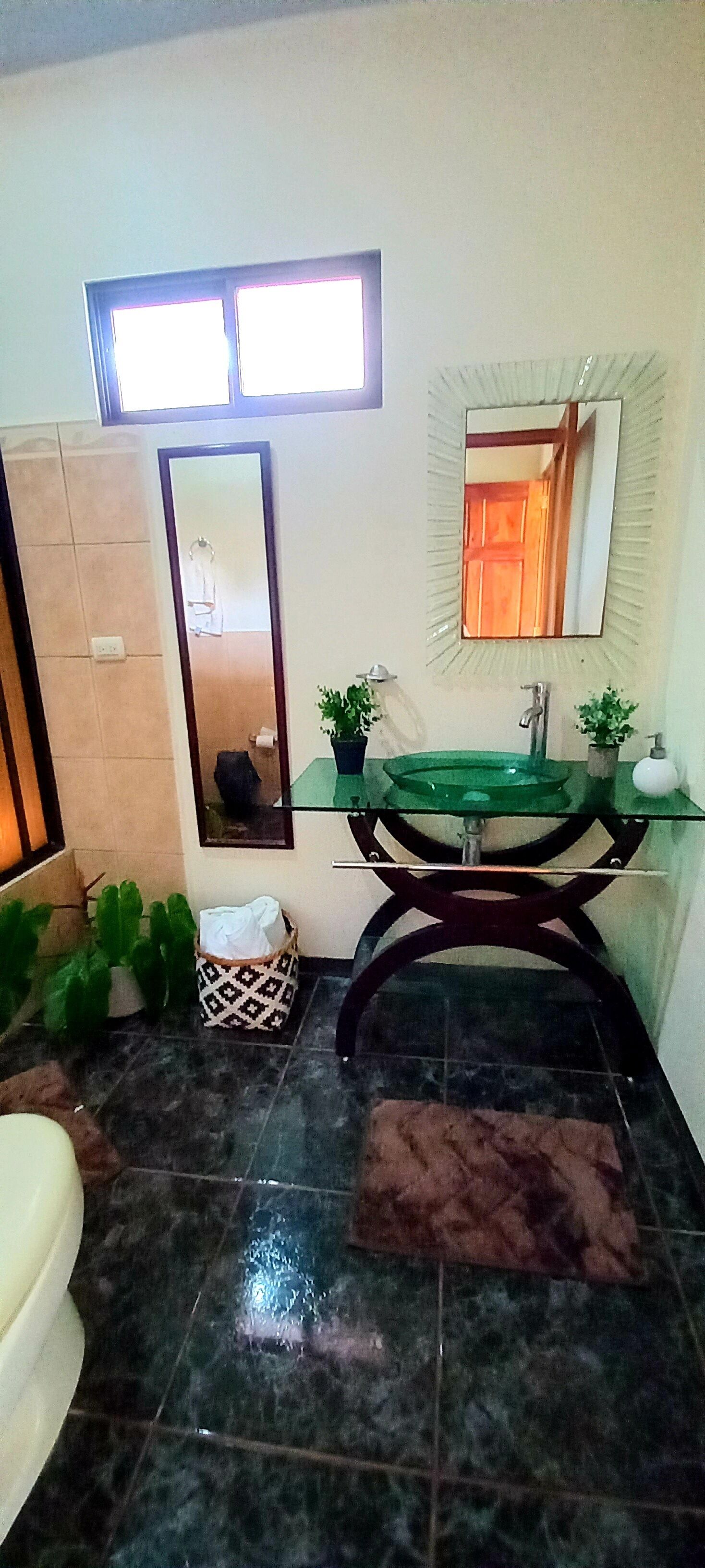 A bathroom with a glass sink, a mirror, a towel rack, and a potted plant.