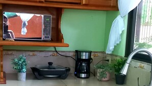 Una cucina con mobili in legno, un lavello in acciaio inossidabile, un forno a microonde e piante in vaso.