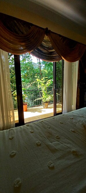 Ein Zimmer mit einem Bett, Blick auf einen Balkon mit Pflanzen und einer Schiebeglastür.