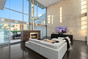 TV, fireplace, video games, table football