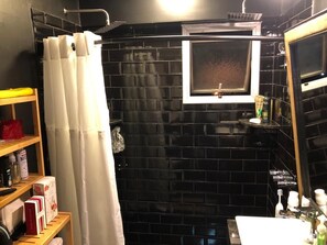 Chuveiro, secador de cabelo, toalhas de banho, sabonete