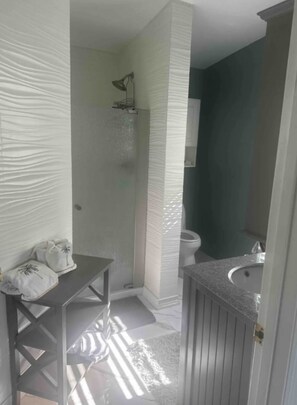 Bathtub, hair dryer, towels, soap