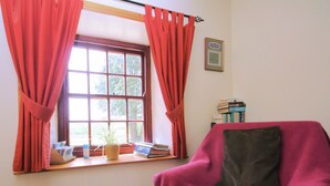 Une pièce avec une fenêtre, une chaise, une plante et une bibliothèque.