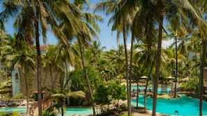 Un resort con piscina rodeada de palmeras y un cielo azul despejado.