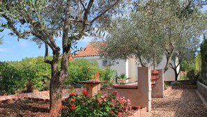 Um jardim externo com oliveiras, um canteiro de flores e um edifício branco com telhado de telhas vermelhas.