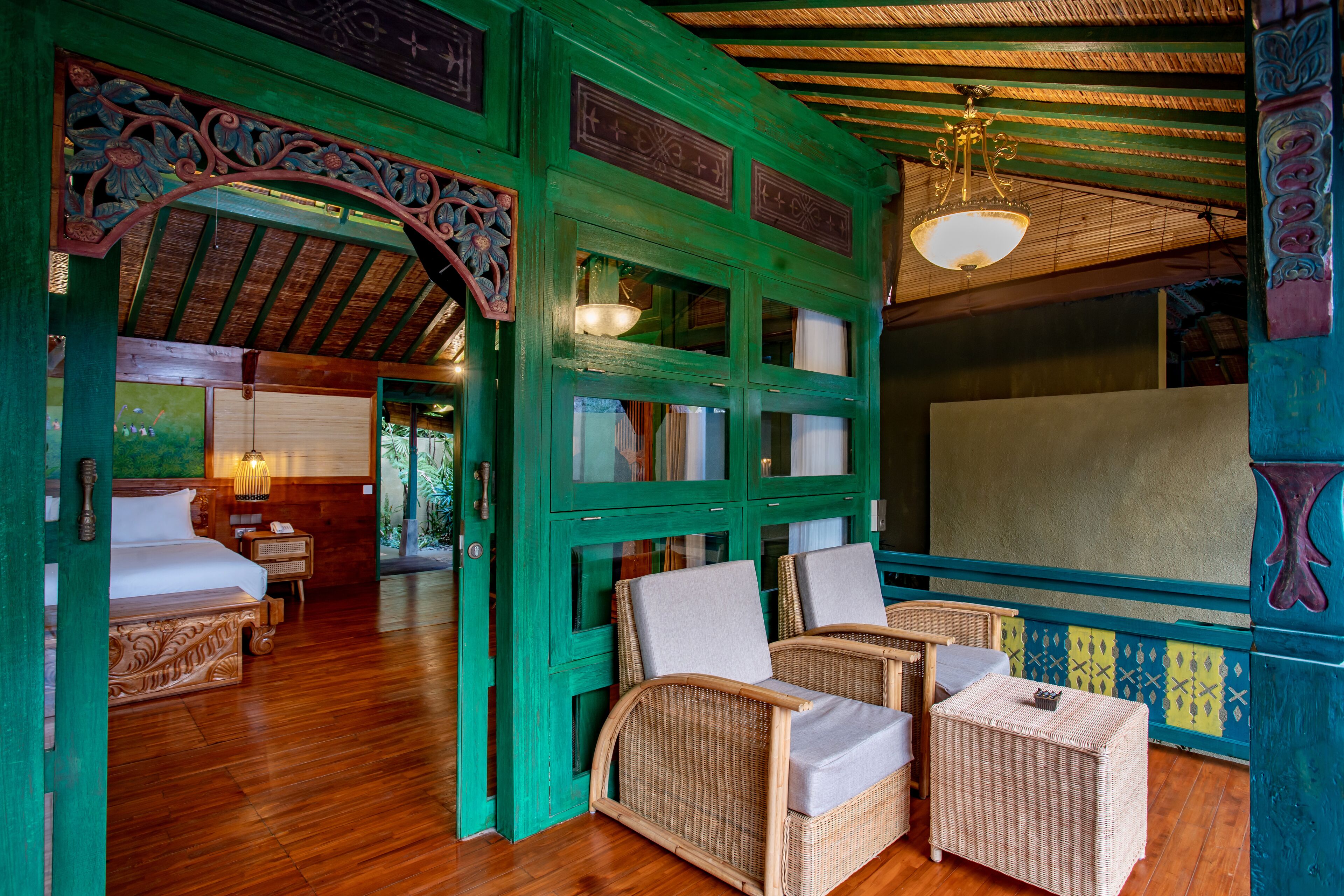 One Bedroom Honeymoon Private Pool Villa | Living area | 50-inch flat-screen TV with satellite channels, TV, fireplace